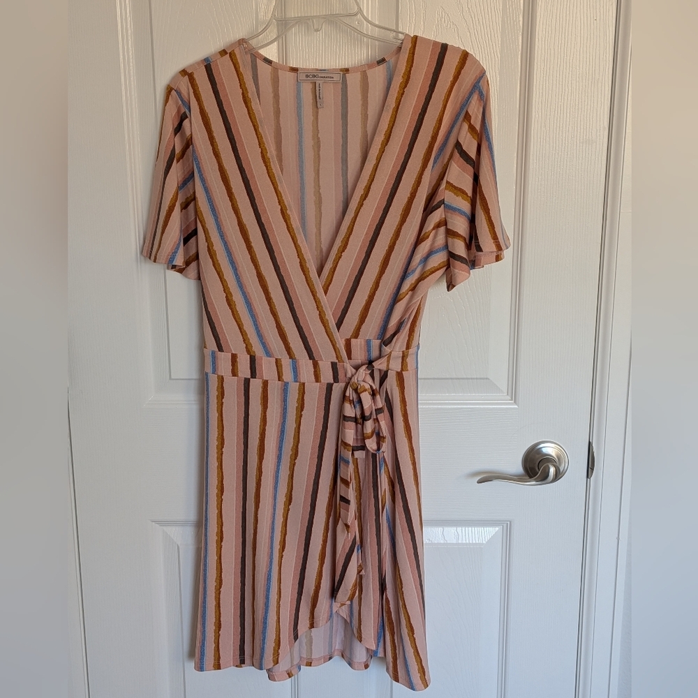 BCBGeneration Pink Striped Midi Dress with Blue and Brown Accents